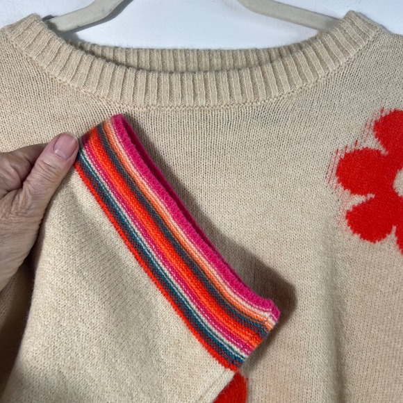 Womens Easel Flower Power Retro Oversized Sweater Tan Orange S - Picture 9 of 13